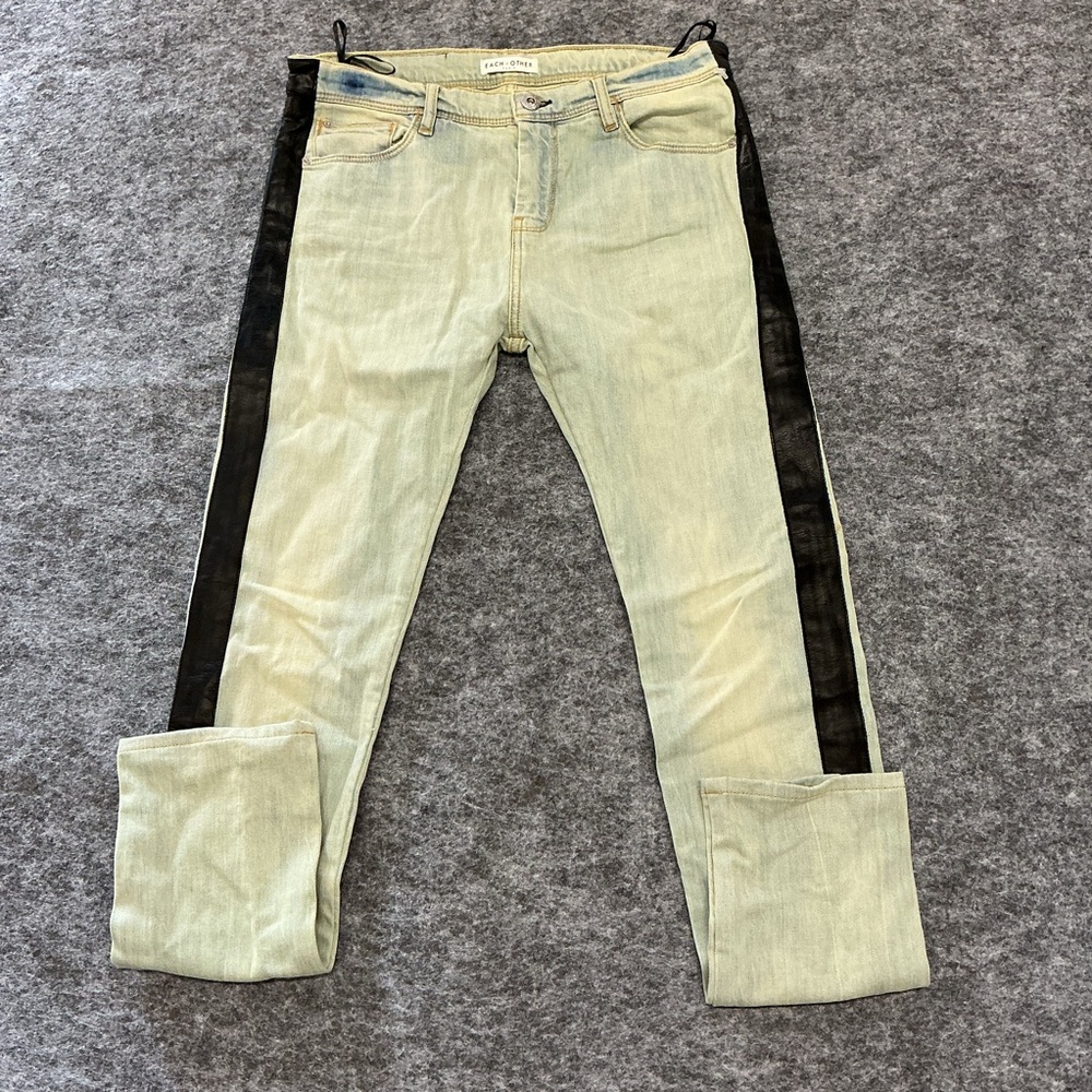 Each x Other Paris Distressed Light Wash Denim and Leather Jeans aaa